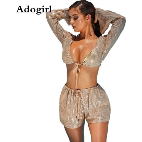 Adogirl Solid Color Sequin Women 2 Piece Set Long Sleeve Tie Up V-neck Crop Top +Empire Casual Shorts Sexy Beach Party Tracksuit