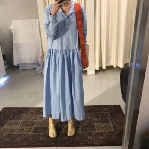 Loose Cotton Turn-Down Collar Solid Color Dresses Low Waist Women Spring Long Sleeve Long Pleated Shirt Dress
