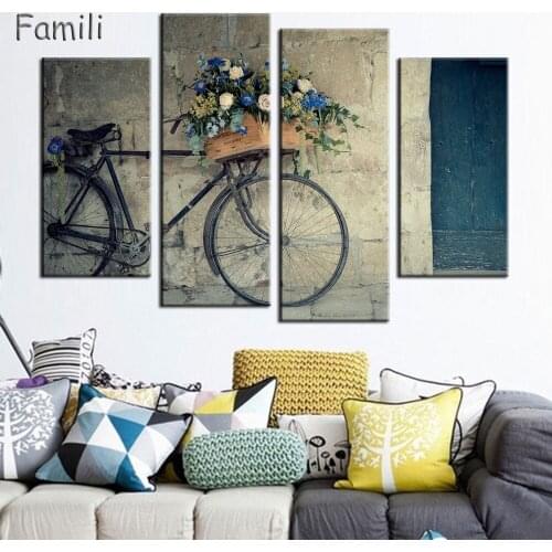 4 Pieces Canvas Painting Vintage Home Decor Print Retro Bike Canvas Oil Painting Wall Picture Living Room Wall Painting