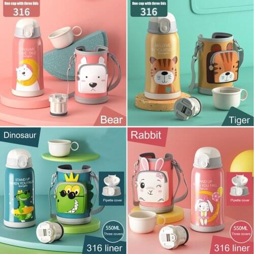 550ml Cartoon Cute Straw Cup Food Grade PP + 316 Stainless Steel Insulation Water Bottle Outdoor Drinking Cups Kettle Mug