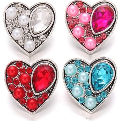 6pcs/lot New Pearl 18mm Snap Jewelry Snaps Metal Rhinestone Love Heart Snap Buttons Fit 20mm 18mm Snap Button Bracelet Necklace