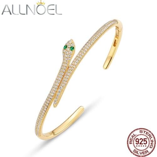 ALLNOEL Solid 925 Sterling Silver Snake Bangle Nano Green Zirconium Good luck Bangles For Birthday Gift Cuff Bracelet 2021 New