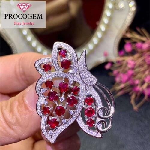 Procogem Natural pigeons-blood Ruby Brooches for Female Party Butterfly Genuine gemstone fine Jewelry 925 Sterling Silver #333