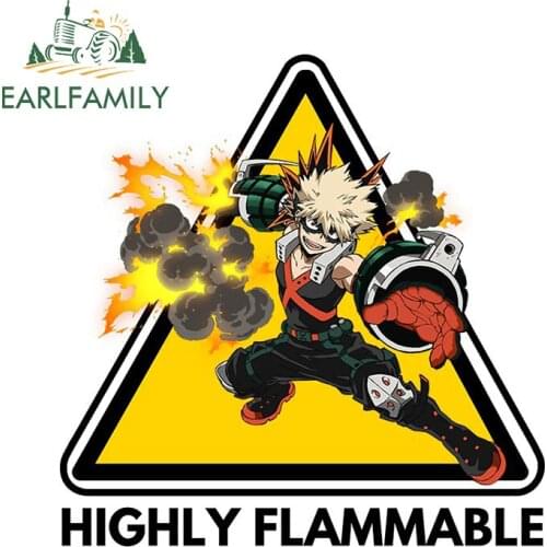 EARLFAMILY 13cm x 12.7cm A Highly Flammable Decal Anime My Hero Academia Bakugo Katsuki Car Sticker JDM Window Trunk Decoration