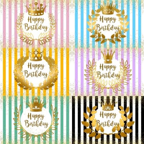 Seekpro Happy Birthday Party Gold Crown Princess Baby Shower Colourful Stripe Flower Pink Girl Photography Background Backgrop
