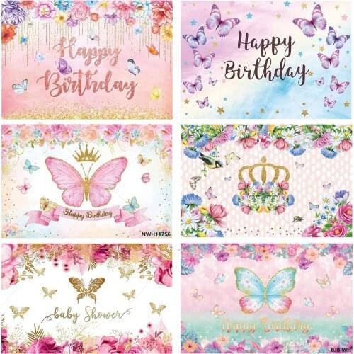 Happy Birthday Party Photography Background Butterfly Baby Girls Princess Pink Flowers Floral Shiny Golden Backdrop Photo Studio