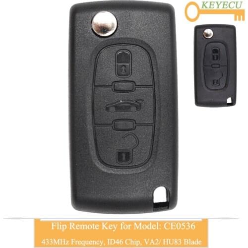 KEYECU Flip Remote Control Car Key for Peugeot Partner 207 208 307 308 408, for Citroen, Fob 2 3 Button - 433MHz - ID46 - CE0536