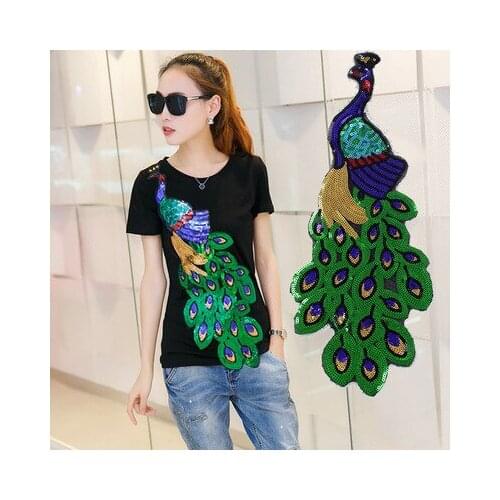 Colorful Sequin Peacock Embroidery Fabric Large Applique Patch African Lace Sew Dress Cloth Decorate Accessory Diy