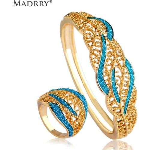 Madrry Alloy Metal Fashion Luxury Bangle&Rings Jewelry Sets Gold Color Blue Enamel Braccialetto Cocktail Party Gioielli Schmuck