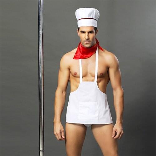 Mens Sexy Underwear Uniform White Sexy Cook Costumes Porno Role Play Dress For Adult Man Erotic Halloween Costume