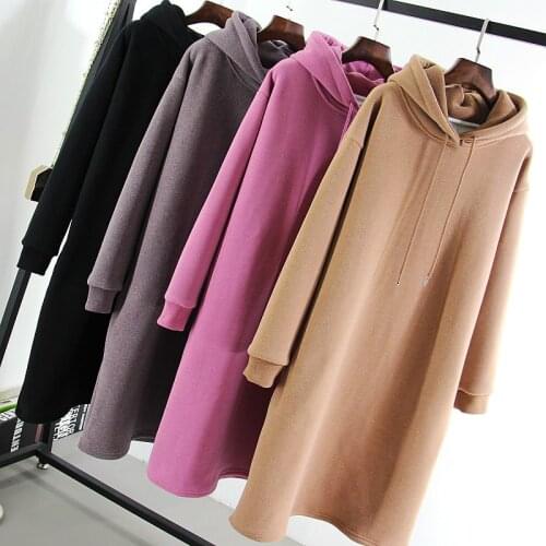 Hooded Casual Loose Vintage Sweatshirt Dress Women Winter Thicken Warm Straight Pullover Solid 4 Colors Dress
