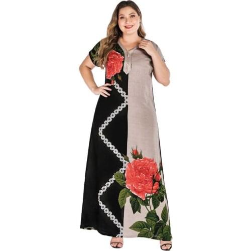 Plus Size Tribal Floral Print Boho Dress Women Summer Tunic 2020 Short Sleeve Muslim Abaya Kaftan Robe Loose Long Maxi Dresses