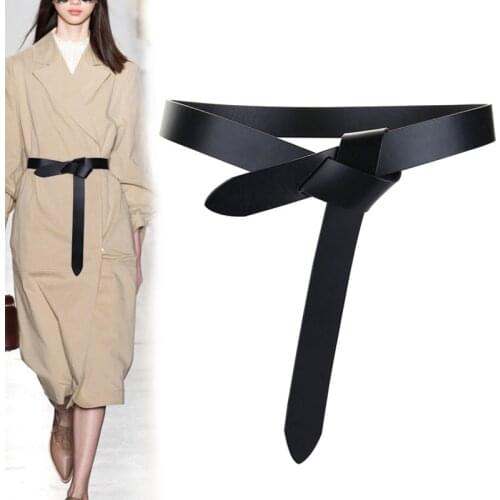Womens Genuine Leather New Fashion Designer Belt for Women Strap Belts Luxury Black Long Bowknot Tie Lady Dress Sweater