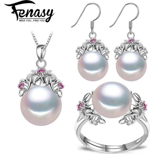 FENASY 925 Sterling Silver Jewelry Sets Natural Pearl Stud Earrings Custom Bohemian Ruby Pendant Necklace For Women Ring Set