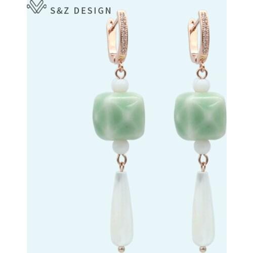 S&Z Ethnic Ceramic Shell Water Drop Dangle Earrings 585 Rose Gold Temperament Eardrop Women Wedding Fine Fashion Jewelry Gift