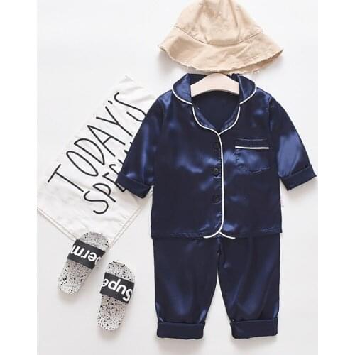 Spring Autumn Kids Pajama Sets Silk Satin Pajamas Baby Boys Girls Clothing Sets Long Sleeve Blouse Tops+Pants 2Pcs Sleepwears