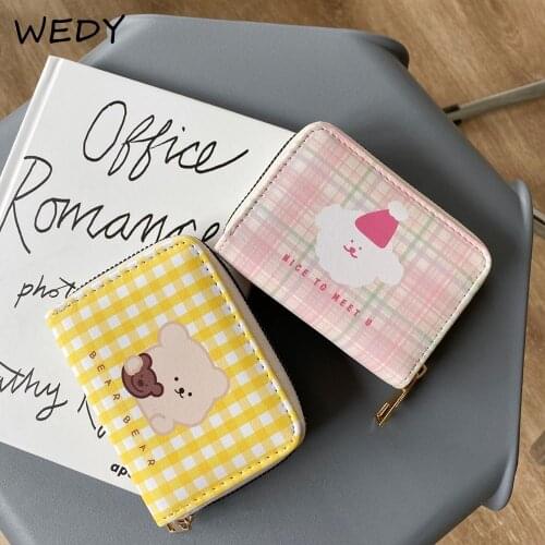 Cute Cartoon Credit Card Holder Pu Leather Plaid Card Wallet Women Mini Purse Portable Small Coin Pouch Cardholder Pink Yellow