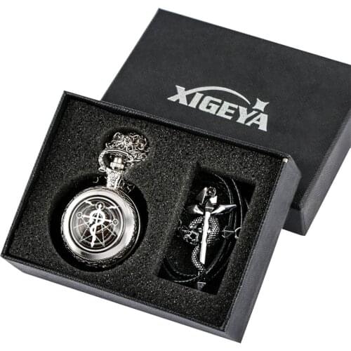 Vintage Silver Cool Pocket Watch Pendant Chain Gift Sets Classic Fullmetal Alchemist Theme Present for Men Women
