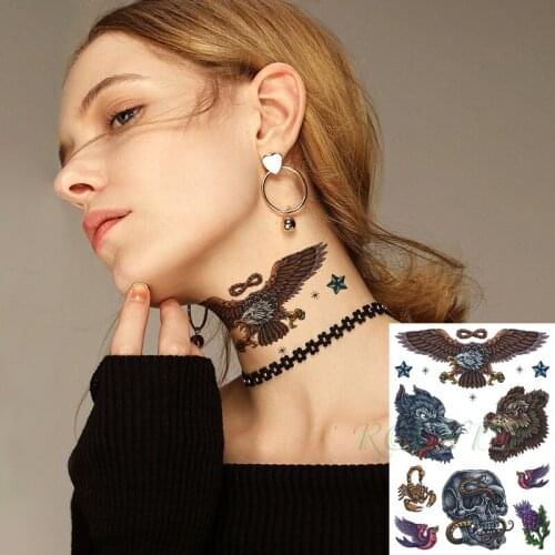 Waterproof Temporary Tattoo Sticker Eagle Wolf Snake Bird Scorpion Skull Flower Flash Tatoo Fake Tatto Art for Men Women