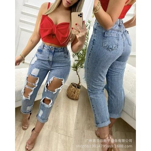 Nowsaa Womens Pants Straight Leg Jeans Women High Waist Slim Loose Autumn Winter Pants Casual Ripped Washed Mom Trousers