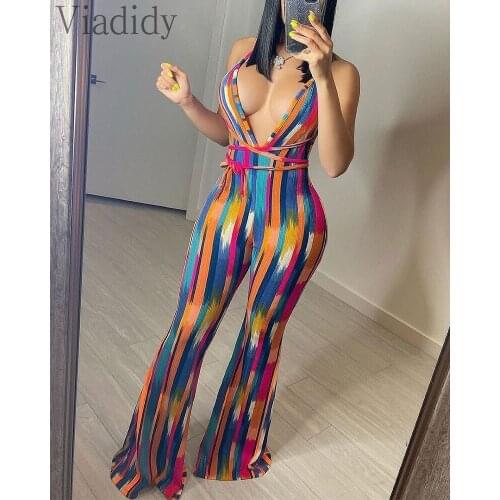 Women Sexy Print Deep V Neck Sleeveless Backless Lace-up Flare Pants Jumpsuit