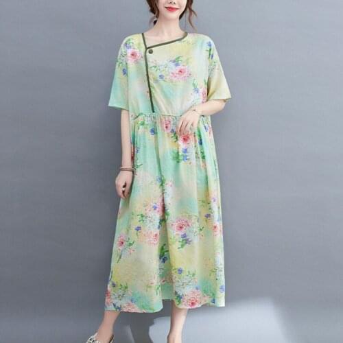 2021 New Arrival Print Floral Chinese Style Summer Dress Cotton Linen Loose Women Travel Casual Dress Office Lady Work Dress