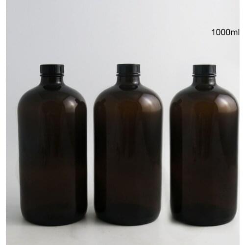 33Oz Deep Amber Boston Round Glass Liquid bottle with Phenolic Cone Cap 1000cc Glass Containers