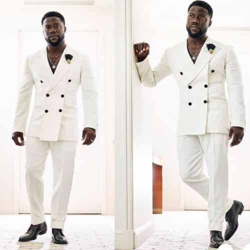 White Double Breasted Mens Tuxedos Slim Fit Groom Best Men Wear Wedding Blazer Trousers Suits Business Prom Party (Jacket+Pants)