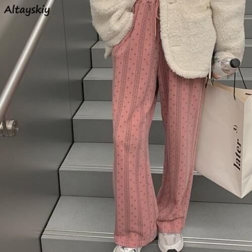 Pants Women Elegant Hararjuku Casual Loose Elastic Waist Floral Wide Leg Fashion Streetwear Pink Sweet ladies Summer Comfortable