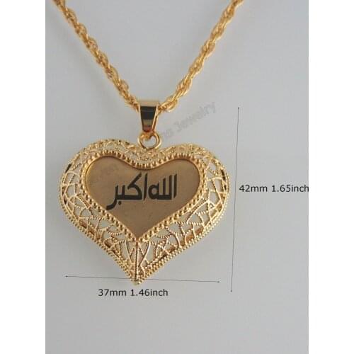 YELLOW GOLD GP 24" ROPE NECKLACE&MUSLIM ALLAH GOD SYMBOL IN HEART SHAPED PENDANT LASERED