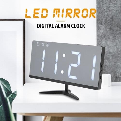 Digital Mirror Alarm Clock Snooze Time Date Temperature Cycle LED Display USB Charging Battery Power Adjustable Brightness Clock