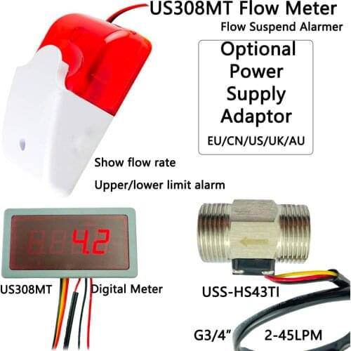 US208MA +USS-HS43TB 2-45L/min G3/4" SUS304 flow sensor Flow Meter and Alarmer Flow Rate Display Water Break Alarmer