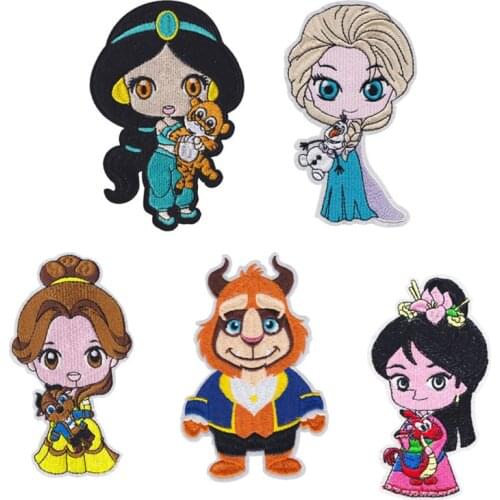 Disney Elsa Belle Princess Embroidery Patches Children For Clothing DIY Iron On Patch On Clothes Bag Custom Patch Accessories
