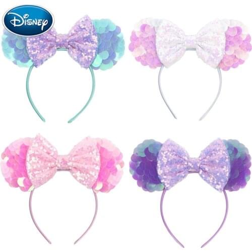 Disney 1pcs Mickey Ears Girl Big Sequined Headband Candy Color Bowknot Headband Cute Ear Head Buckle Amusement Park Headband