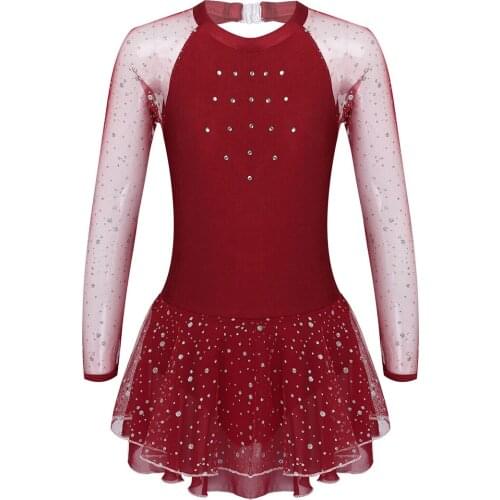 Kids Girls Sparkly Rhinestone See-through Mesh Long Sleeve Ice Skating Roller Figure Skating Dress Ballet Dance Leotard Dress