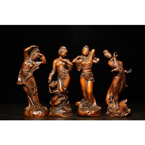 Home Decor 6" Old Boxwood Pure Hand-Carved Four beautiful statues Chinese classical beauty wood carving Xi Shi Wang Zhaojun