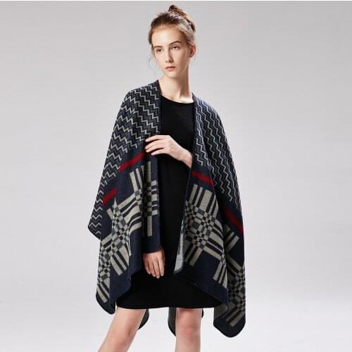 European and American Mix Blue Black Poncho and Capes Cross wavy geometric shape Cashmere Shawl Women Scarf