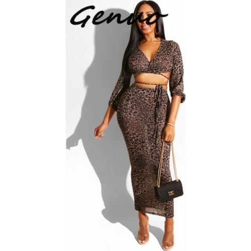 Genuo New Sexy Leopard Print Bodycon Midi Dress Women Autumn Two Piece Suit Dress Winter V Neck Elegant Party Plus Size Dress