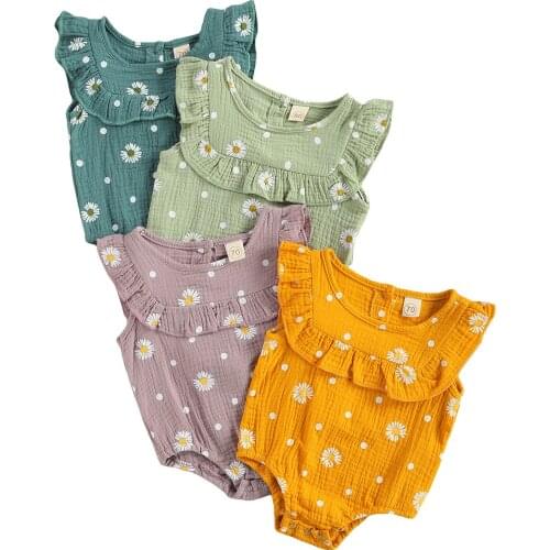 FOCUSNORM Newborn Baby Girls Boys Bodysuits Fly Sleeveless Daisy Floral Print Stylish Jumpsuits 4 Colors