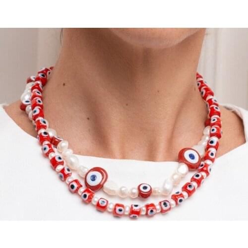 Summer trend boho pearls beads red Murano glass evil eye beaded freshwater pearl enameled chocker necklaces for women jewelry