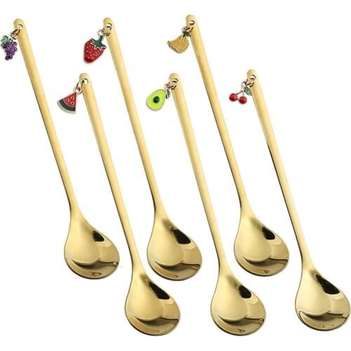 Stainless Steel Spoons Stirring Spoon with Fruit Pendant Coffee Mixing Spoon Dessert Spoon Table Decor Party Gift Kitchen Tool