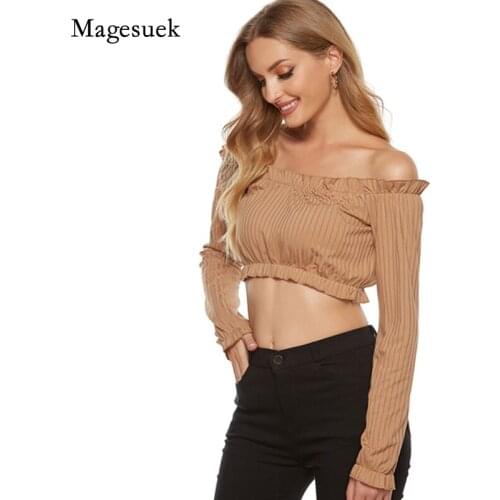 Fashion T Strapless Elastic Short Crop Top Summer Sexy Knitted Long Sleeve Blouse Women Chic Ruffle Striped Slim Tube Top 14136