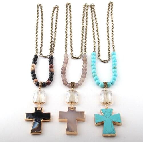 MOODPC Fashion Bohemian Jewelry 8mm Stone and Chain Rectangle Crystal Link Cross Necklaces For Women Ethnic Necklace