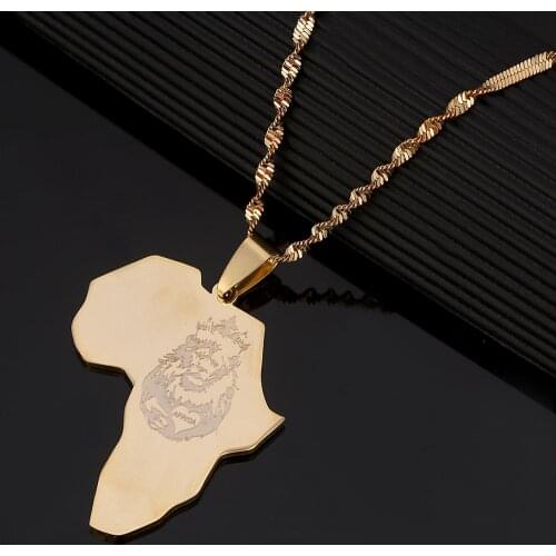 Stainless Steel Africa Lion Heart Map Necklace Gold Color African Map Gift for Men Women Chain Jewelry