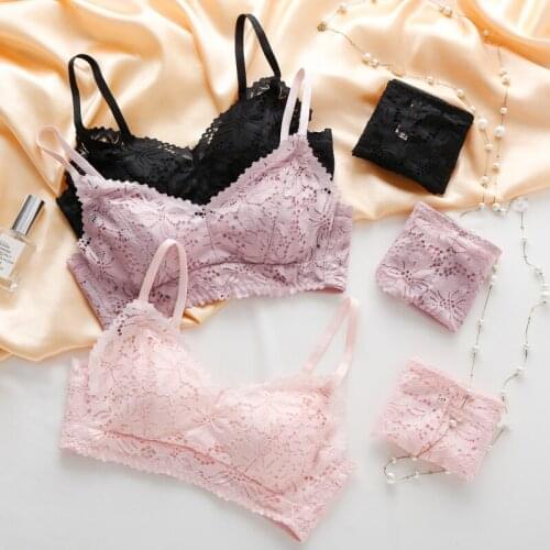 Sexy Women Lace Bras Sets Lace Floral Padded Bras Hollow Underwear Briefs Set