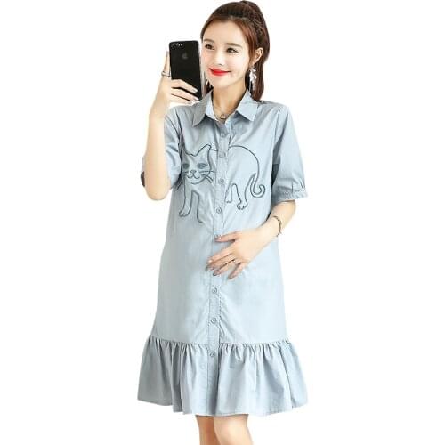 Casual Pregnancy Dress Cat Embroidery Clothing for Pregnant Women Turn-down Collar Solid Color Elegant Ruffles Maternity Dresses