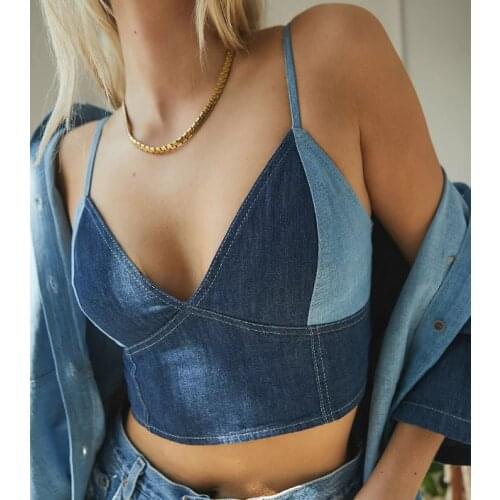 Sexy Denim Camisole Womens Crop Tops Color Block V-neck Short Tank Top Push Up Skinny Ladies Tube Bustier Top Camis