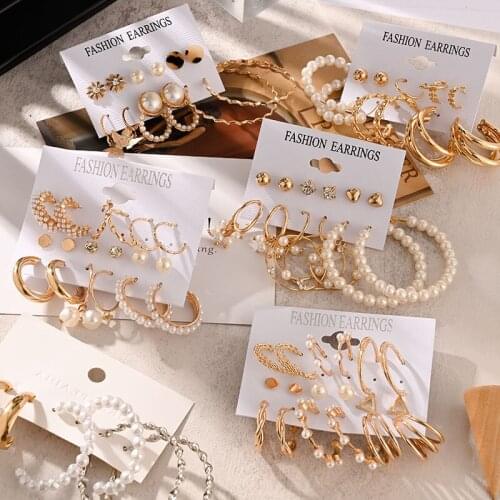 X&P New Fashion Pearl Hoop Earrings Set For Women Geometirc Statement Metal Circle Earrings personality 2021 Trend Jewelry Gifts