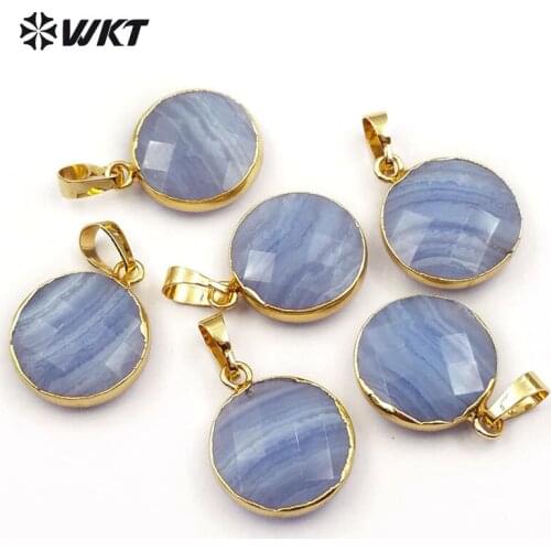 WT-P1414 WKT Wholesale 10pcs/lot natural stone pendant blue color round shape faceted pendant for necklace making new style