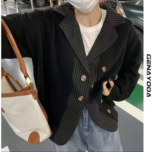 Genayooa Patchwork Fake Two-piece Cardigan Women Autumn Winter 2021 Korean Long Sleeve Female Cardigans Sweater Ladies Casual